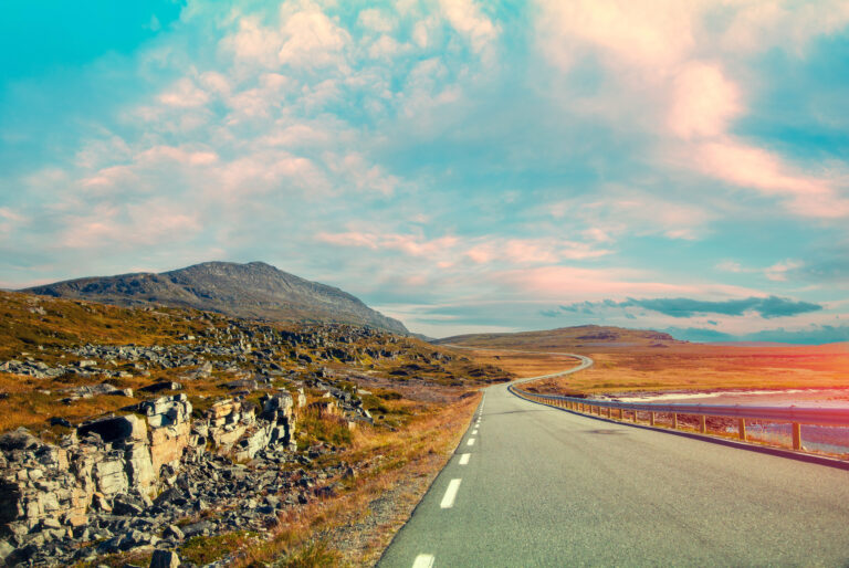 Driving a car on mountain road Nature Norway Polar circle The way to Nordkapp